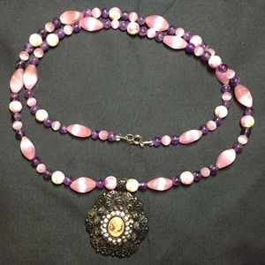 Pink Purple Flower Stone Necklace With Pendant